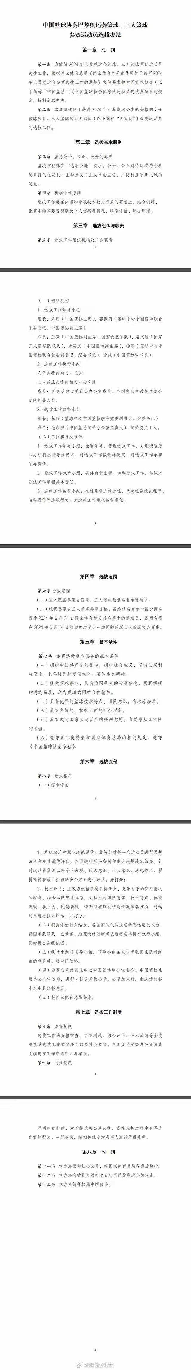 中国篮协公布参加巴黎奥运会篮球运动员选拔办法